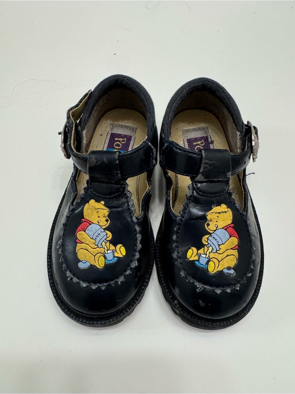 Kids Black Winnie-the-Pooh Leather T-Strap Shoes